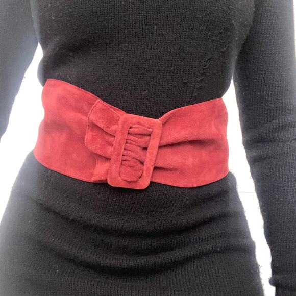 Vintage 1980s Maroon Red Microsuede Adjustable Length Wide Chunky Waist Belt - Picture 1 of 7
